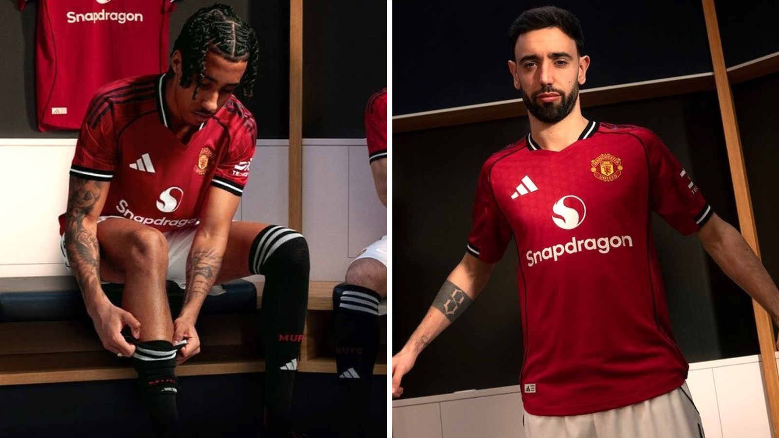 Two images of a person wearing a Manchester United jersey with Snapdragon logo.